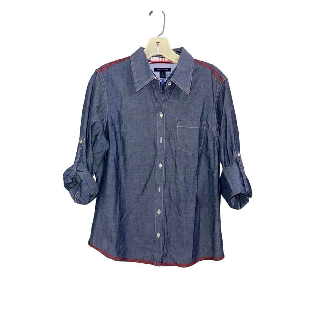 Tommy Hilfiger Women's Blue Chambray Button Up Roll Tab Sleeve‎ Shirt Size M